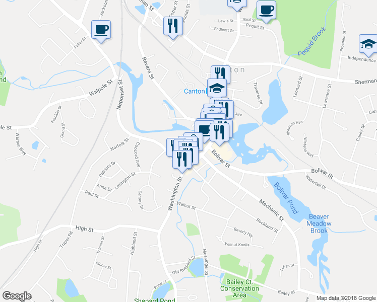map of restaurants, bars, coffee shops, grocery stores, and more near 15 Church Street in Canton