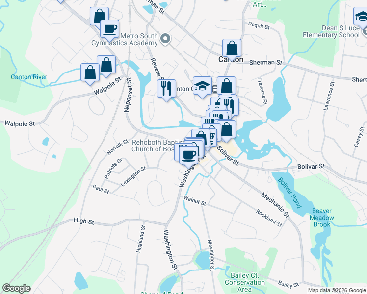 map of restaurants, bars, coffee shops, grocery stores, and more near 35 Neponset Street in Canton