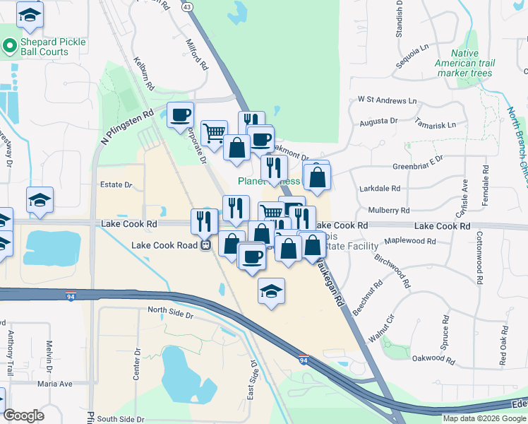map of restaurants, bars, coffee shops, grocery stores, and more near 401 Lake Cook Road in Deerfield