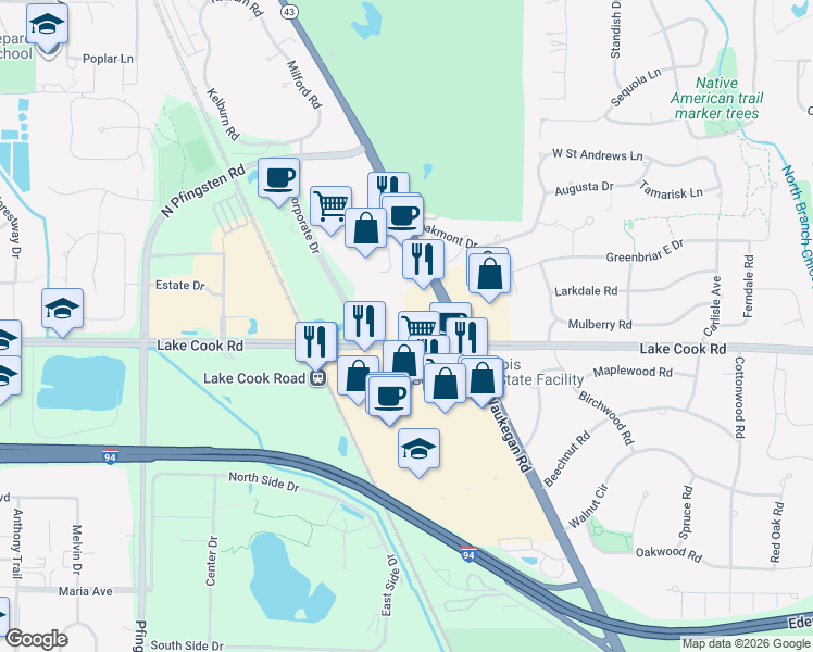 map of restaurants, bars, coffee shops, grocery stores, and more near 401 Lake Cook Road in Deerfield