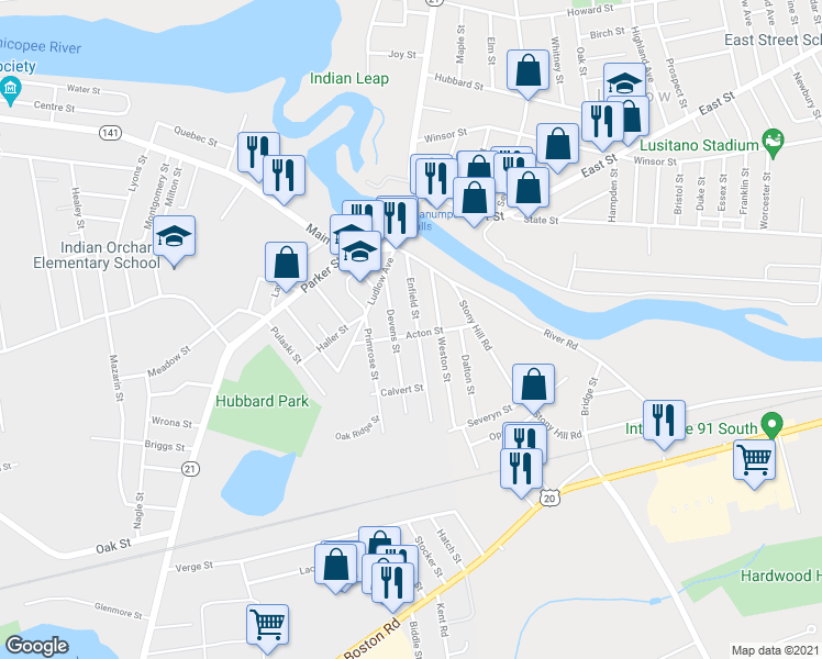 map of restaurants, bars, coffee shops, grocery stores, and more near 62 Enfield Street in Springfield