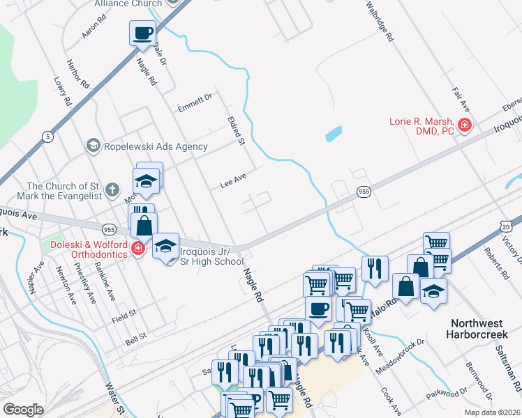 map of restaurants, bars, coffee shops, grocery stores, and more near 1100 Arneman Court in Erie