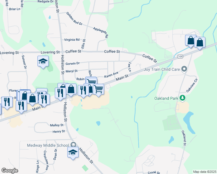 map of restaurants, bars, coffee shops, grocery stores, and more near 53 Main Street in Medway