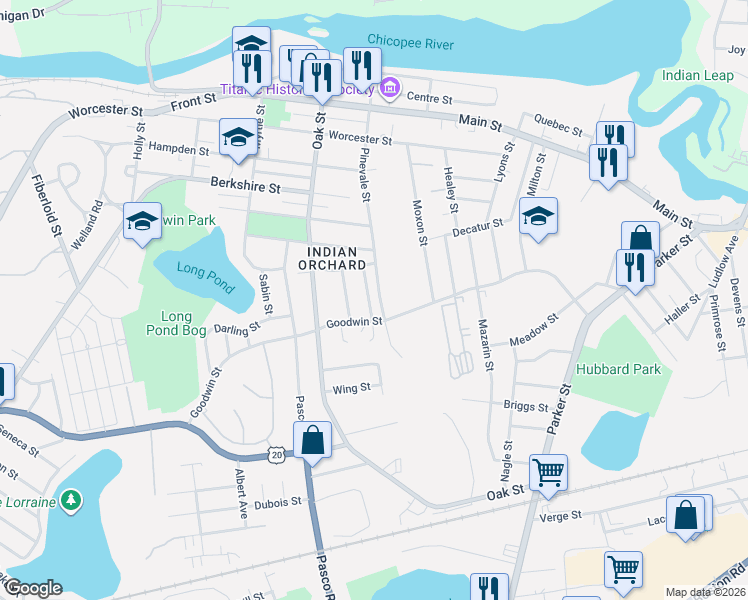 map of restaurants, bars, coffee shops, grocery stores, and more near 39 Martha Street in Springfield