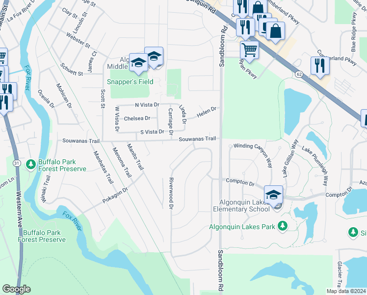 map of restaurants, bars, coffee shops, grocery stores, and more near 1104 Stratford Lane in Algonquin