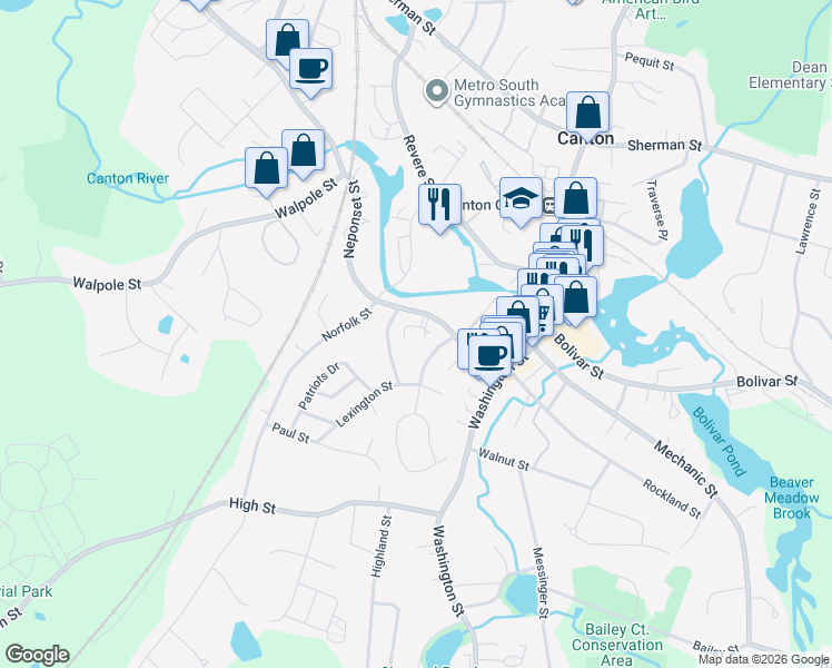 map of restaurants, bars, coffee shops, grocery stores, and more near 7 Cape Cod Lane in Canton