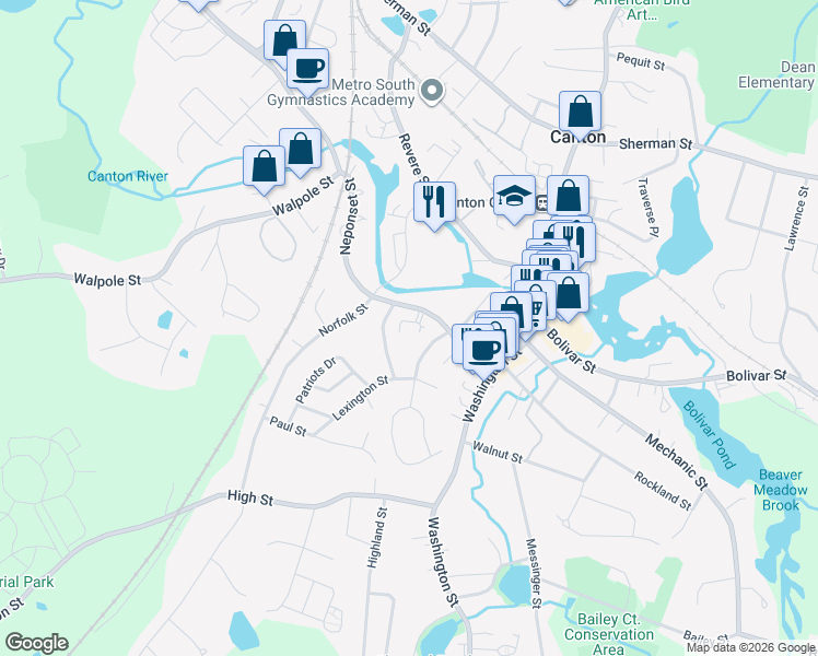 map of restaurants, bars, coffee shops, grocery stores, and more near 7 Cape Cod Lane in Canton