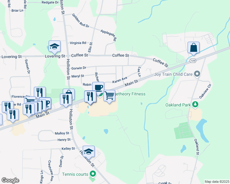 map of restaurants, bars, coffee shops, grocery stores, and more near 59 Main Street in Medway