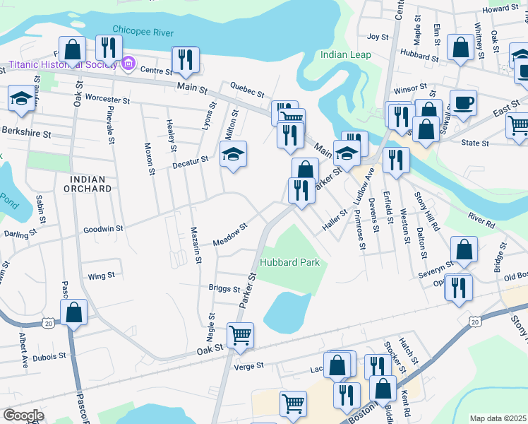 map of restaurants, bars, coffee shops, grocery stores, and more near 126 Parker Street in Springfield
