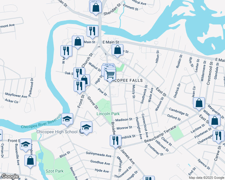 map of restaurants, bars, coffee shops, grocery stores, and more near in Chicopee