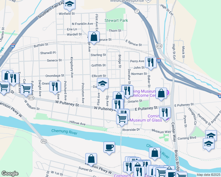 map of restaurants, bars, coffee shops, grocery stores, and more near 16 Moresque Lane in Corning