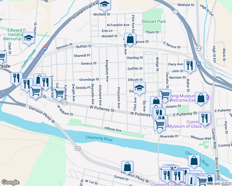 map of restaurants, bars, coffee shops, grocery stores, and more near 142 Cayuta Street in Corning
