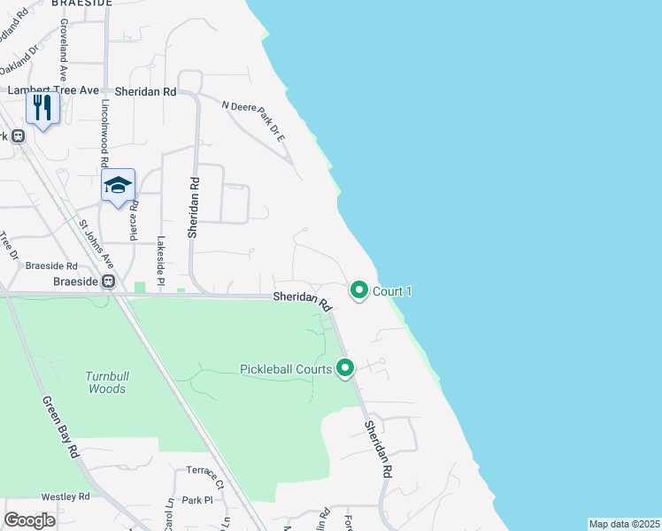 map of restaurants, bars, coffee shops, grocery stores, and more near 16 South Deere Park Drive in Highland Park
