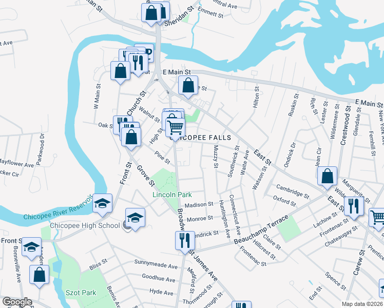 map of restaurants, bars, coffee shops, grocery stores, and more near 53 Alvord Avenue in Chicopee