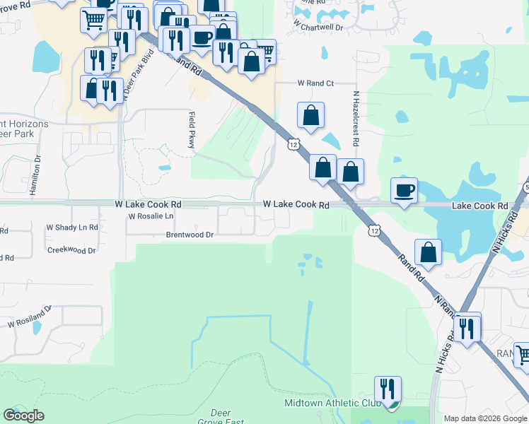 map of restaurants, bars, coffee shops, grocery stores, and more near 33 East Moseley Road in Palatine
