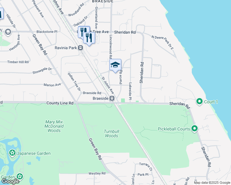 map of restaurants, bars, coffee shops, grocery stores, and more near in Highland Park