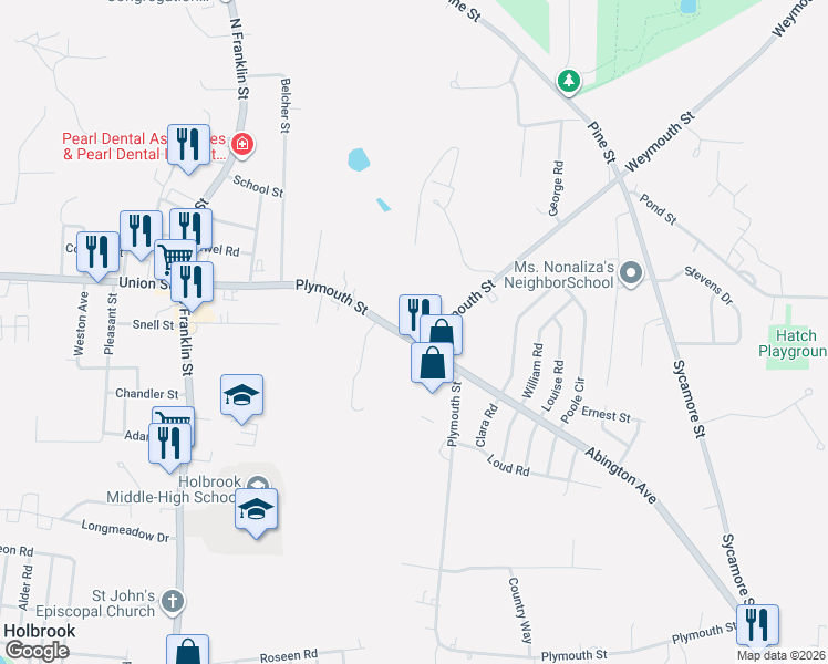 map of restaurants, bars, coffee shops, grocery stores, and more near 224 Plymouth Street in Holbrook
