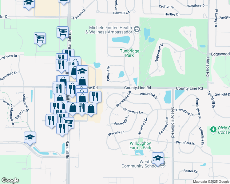 map of restaurants, bars, coffee shops, grocery stores, and more near 2054 Peach Tree Lane in Algonquin