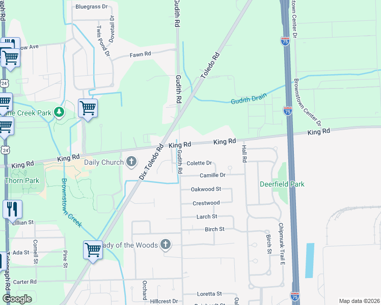 map of restaurants, bars, coffee shops, grocery stores, and more near 22318 Colette Drive in Trenton