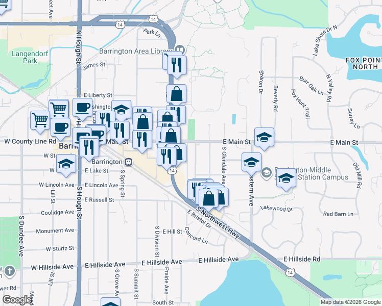 map of restaurants, bars, coffee shops, grocery stores, and more near 119 Walton Street in Barrington
