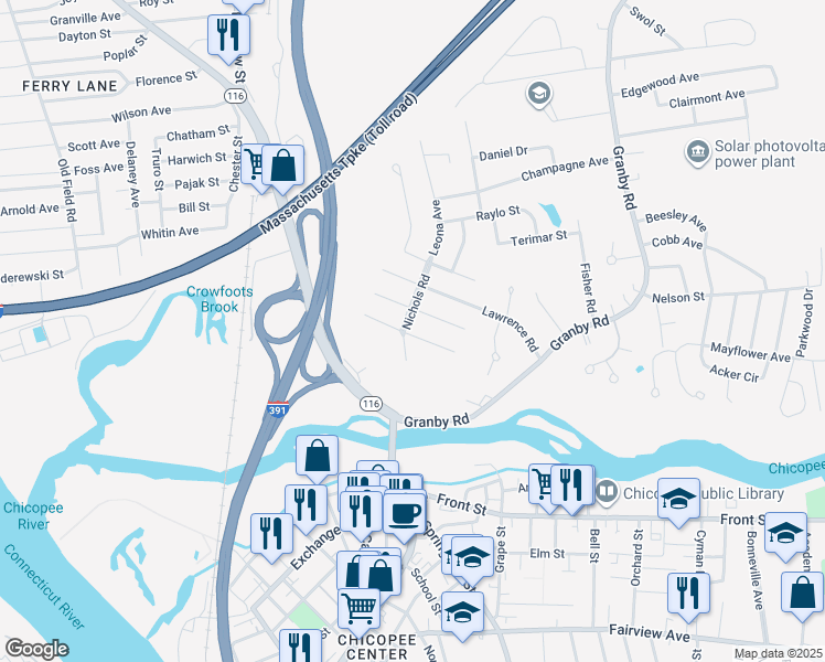 map of restaurants, bars, coffee shops, grocery stores, and more near 21 Coolidge Road in Chicopee