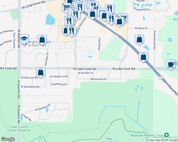 map of restaurants, bars, coffee shops, grocery stores, and more near 271 West Rosalie Lane in Palatine