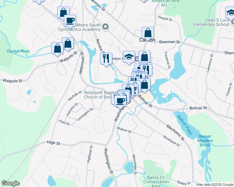map of restaurants, bars, coffee shops, grocery stores, and more near 35 Neponset Street in Canton