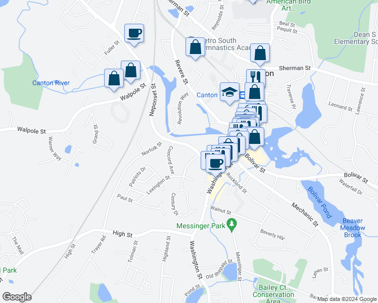 map of restaurants, bars, coffee shops, grocery stores, and more near 7 Cape Cod Lane in Canton