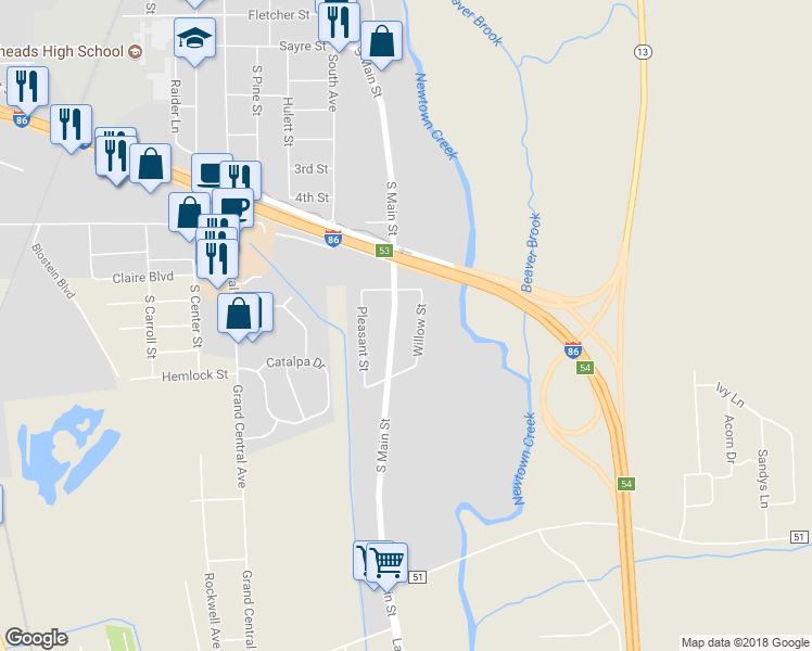 map of restaurants, bars, coffee shops, grocery stores, and more near 3300 South Main Street in Horseheads