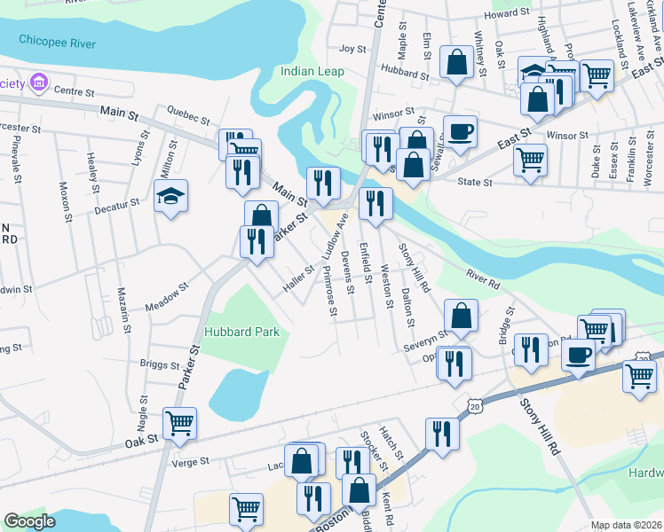 map of restaurants, bars, coffee shops, grocery stores, and more near 27 Acton Street in Springfield