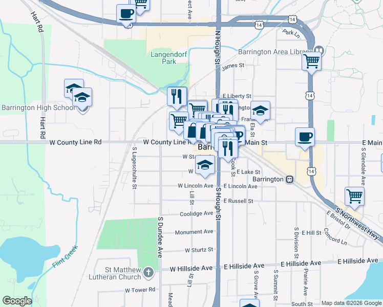 map of restaurants, bars, coffee shops, grocery stores, and more near 201 West Station Street in Barrington