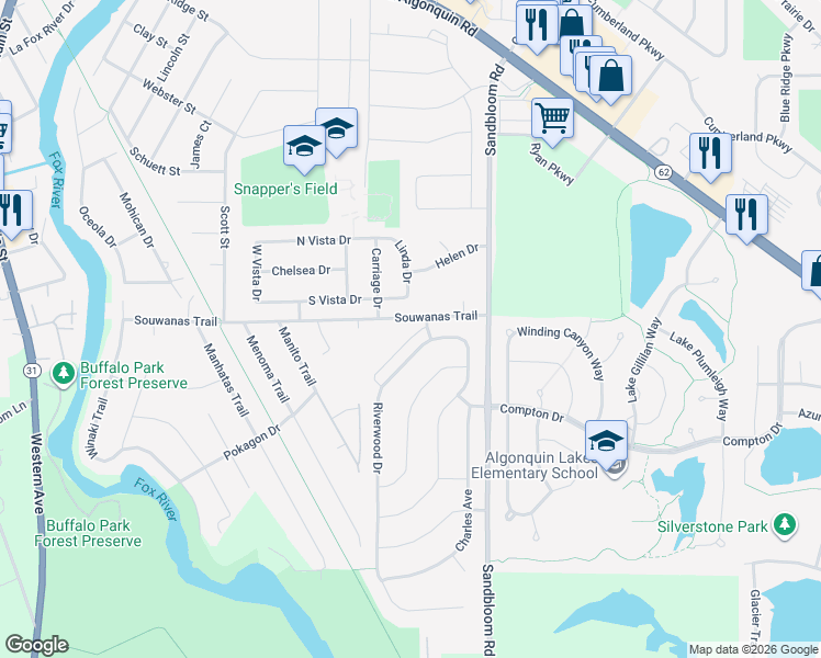 map of restaurants, bars, coffee shops, grocery stores, and more near 1116 Stratford Lane in Algonquin