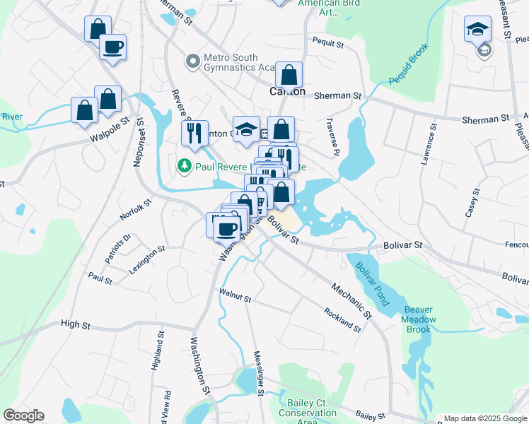 map of restaurants, bars, coffee shops, grocery stores, and more near 1 Bolivar Street in Canton