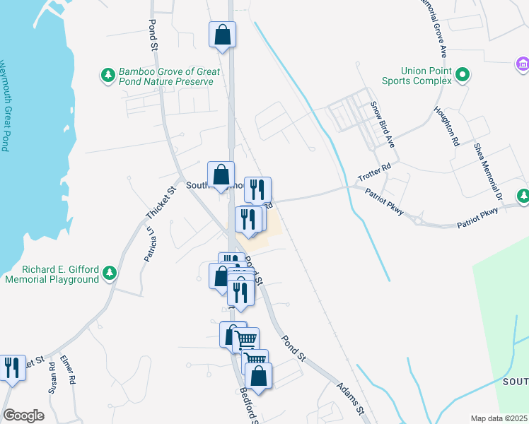 map of restaurants, bars, coffee shops, grocery stores, and more near 39 Trotter Road in Weymouth