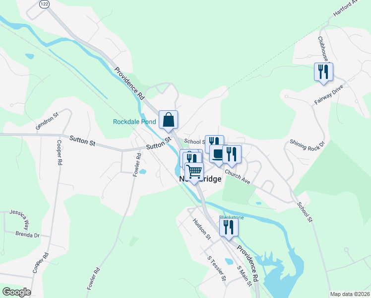 map of restaurants, bars, coffee shops, grocery stores, and more near 2270 Providence Road in Northbridge