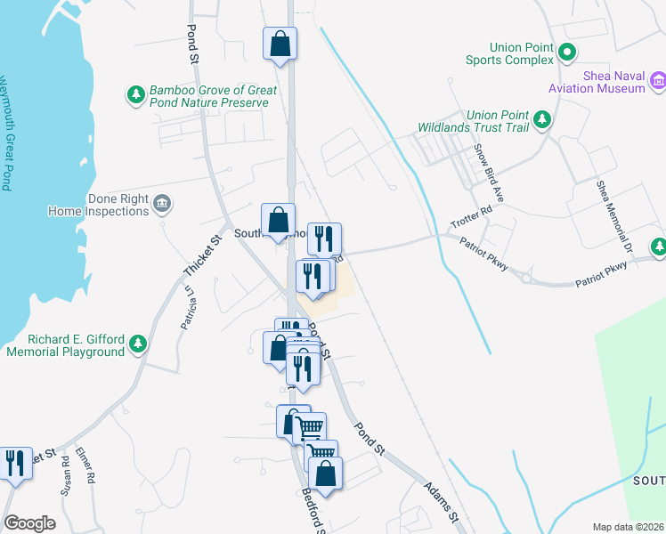 map of restaurants, bars, coffee shops, grocery stores, and more near 1500 Main Street in Weymouth