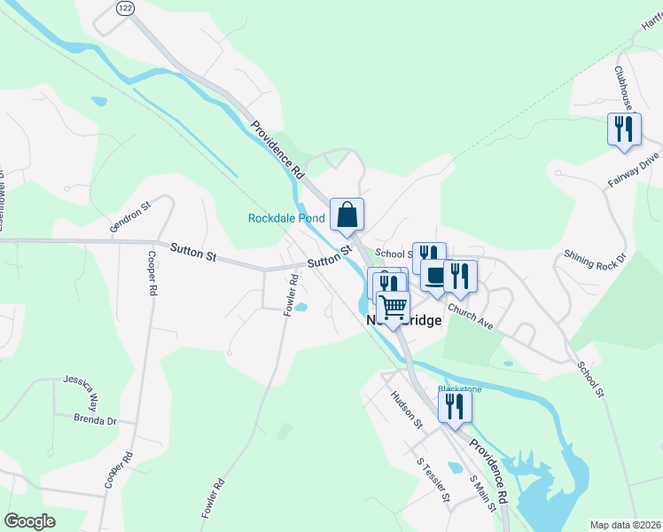 map of restaurants, bars, coffee shops, grocery stores, and more near 28 Railroad Street in Northbridge