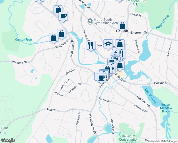 map of restaurants, bars, coffee shops, grocery stores, and more near 7 Cape Cod Lane in Canton