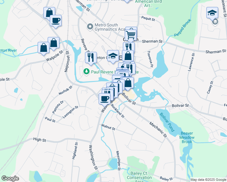 map of restaurants, bars, coffee shops, grocery stores, and more near 4 Wall Court in Canton