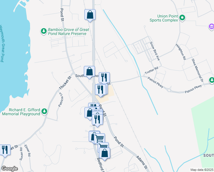 map of restaurants, bars, coffee shops, grocery stores, and more near 1500 Main Street in Weymouth