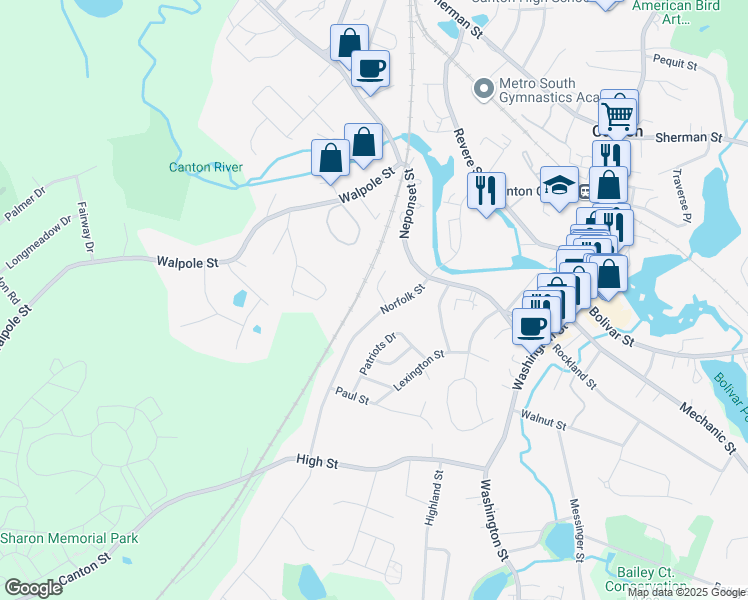 map of restaurants, bars, coffee shops, grocery stores, and more near 73 Norfolk Street in Canton