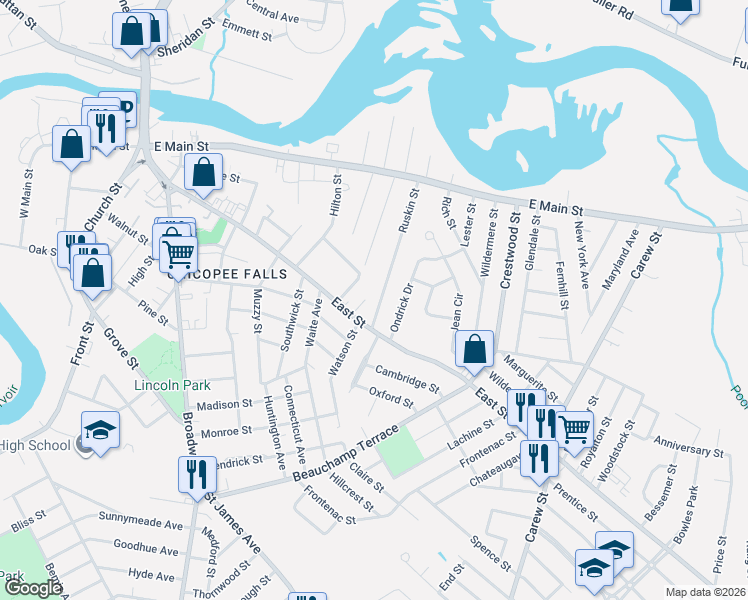 map of restaurants, bars, coffee shops, grocery stores, and more near 132 Ondrick Drive in Chicopee