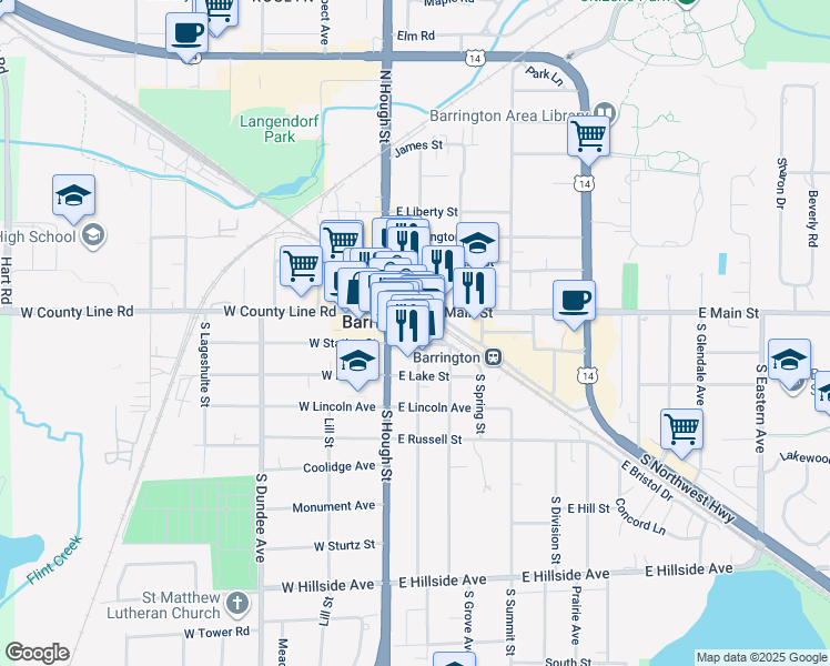 map of restaurants, bars, coffee shops, grocery stores, and more near 109 East Station Street in Barrington