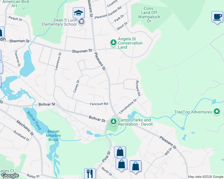 map of restaurants, bars, coffee shops, grocery stores, and more near 780 Pleasant Street in Canton