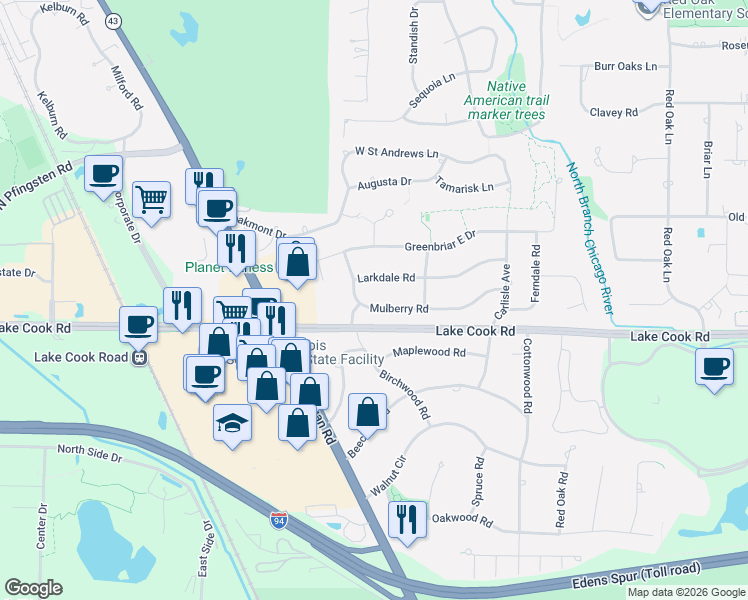 map of restaurants, bars, coffee shops, grocery stores, and more near 109 Mulberry Road in Deerfield