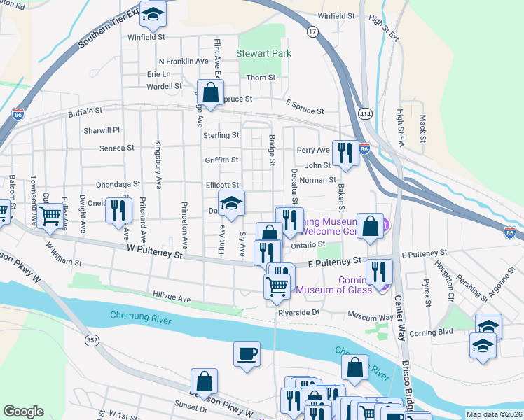 map of restaurants, bars, coffee shops, grocery stores, and more near 165 Bridge Street in Corning