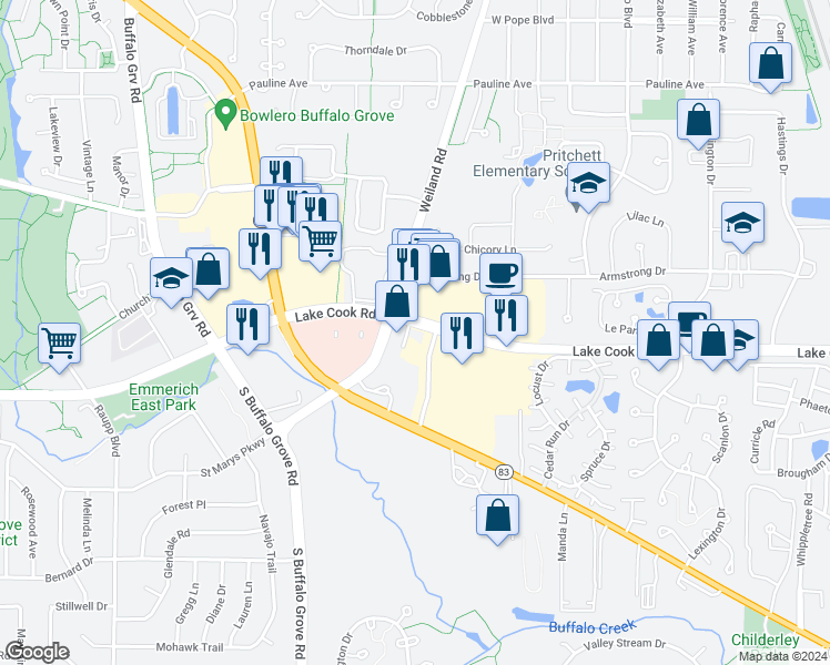 map of restaurants, bars, coffee shops, grocery stores, and more near 815 Aptakisic Road in Buffalo Grove