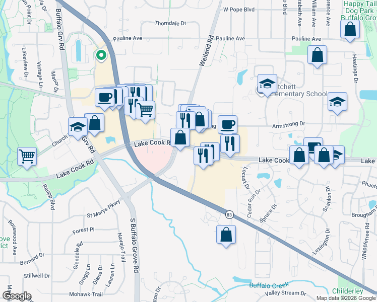 map of restaurants, bars, coffee shops, grocery stores, and more near 815 Aptakisic Road in Buffalo Grove