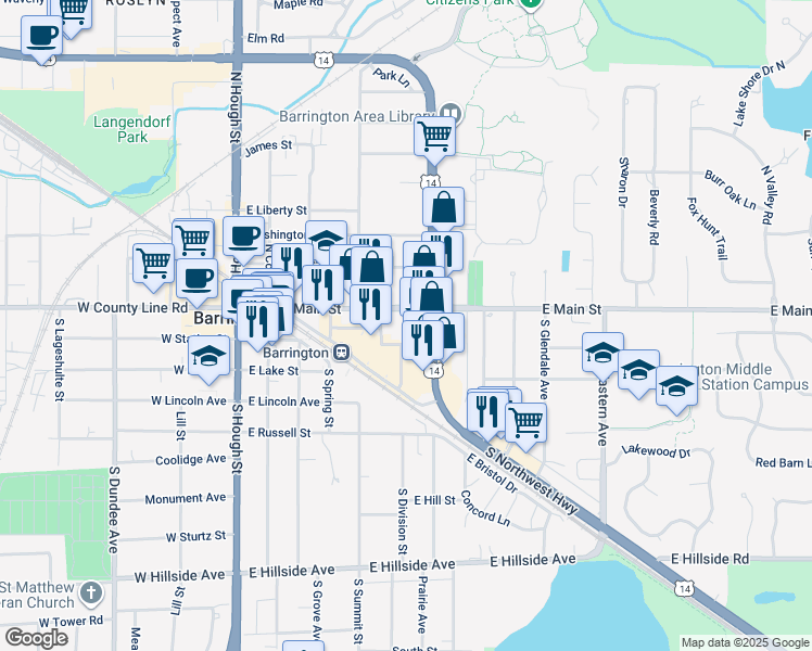 map of restaurants, bars, coffee shops, grocery stores, and more near 132 South Northwest Highway in Barrington