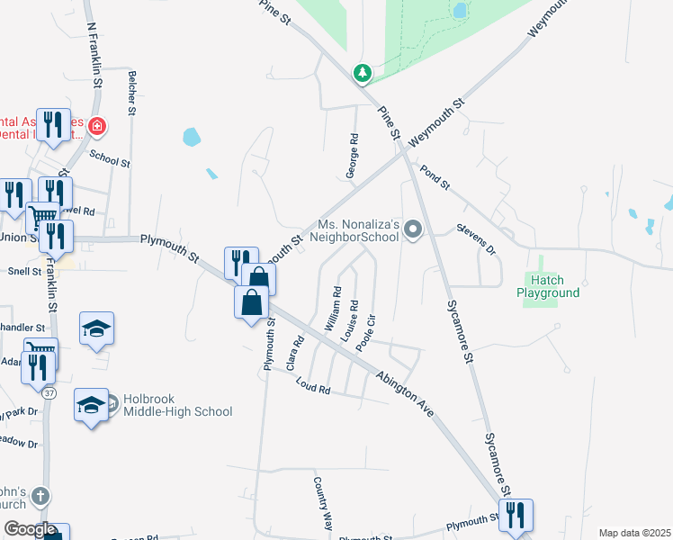 map of restaurants, bars, coffee shops, grocery stores, and more near 42 William Road in Holbrook